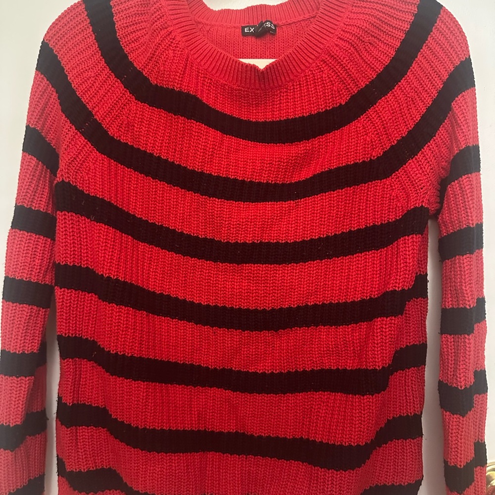 Express Red and Black Striped Crew Neck Sweater